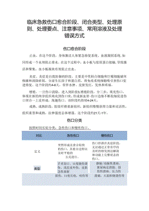 临床急救伤口愈合阶段、闭合类型、处理原则、处理要点、注意事项、常用溶液及处理错误方式.docx