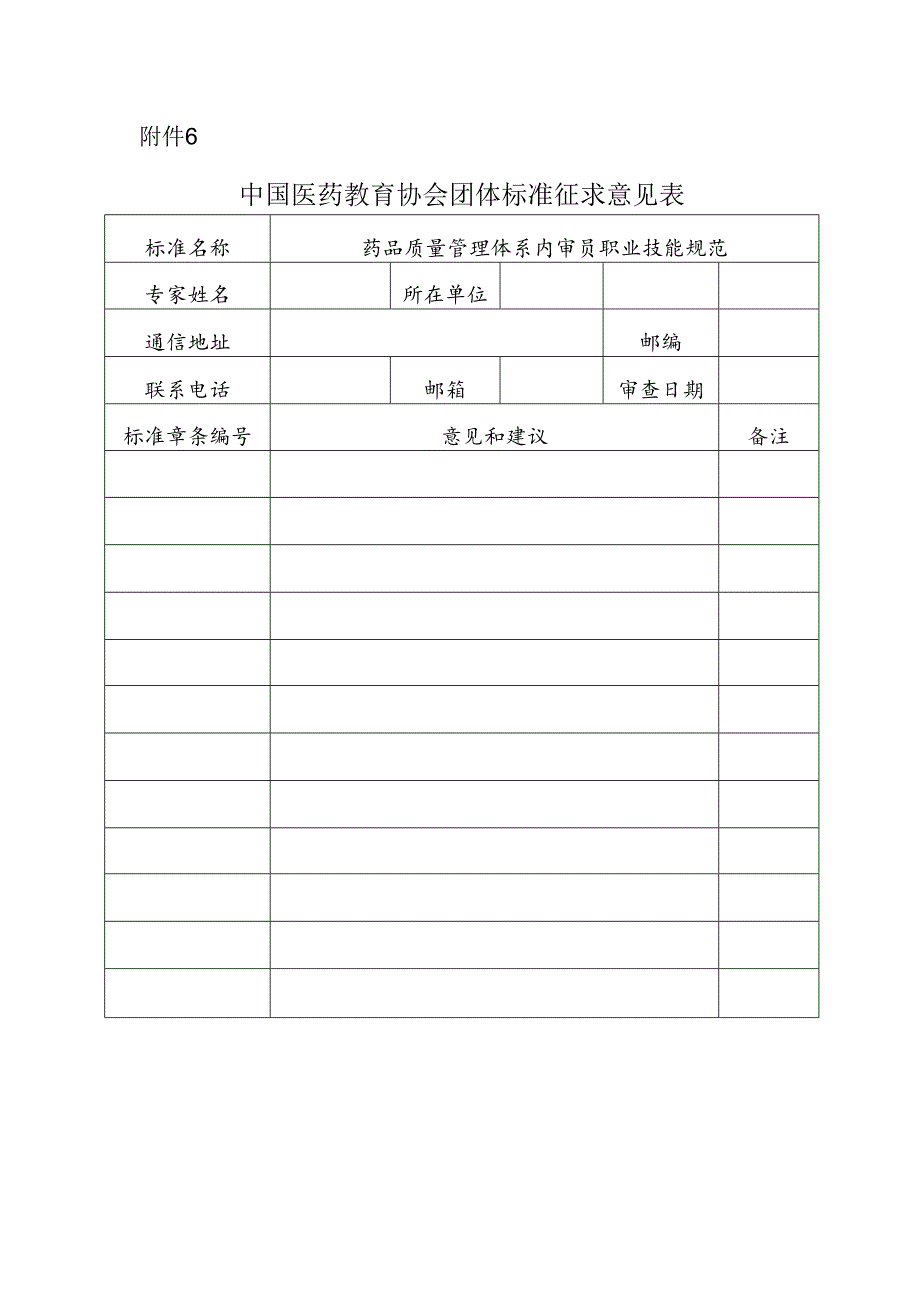 《药品质量管理体系内审员职业技能规范》团体标准征求意见表.docx_第1页