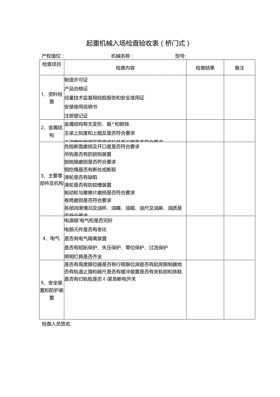 起重机械入场检查验收表（桥门式）.docx_第1页