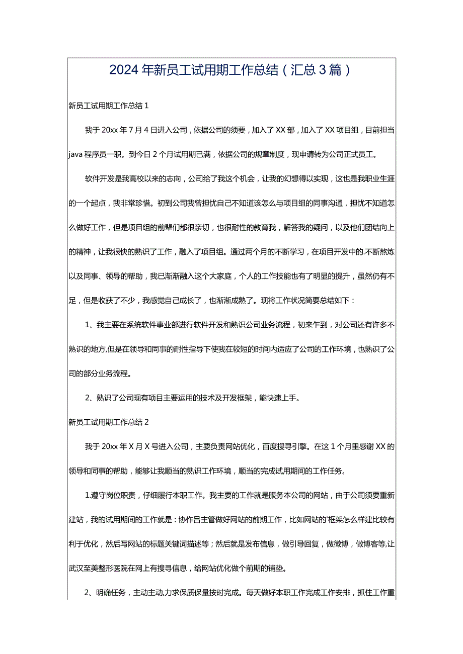 2024年新员工试用期工作总结(汇总3篇).docx_第1页