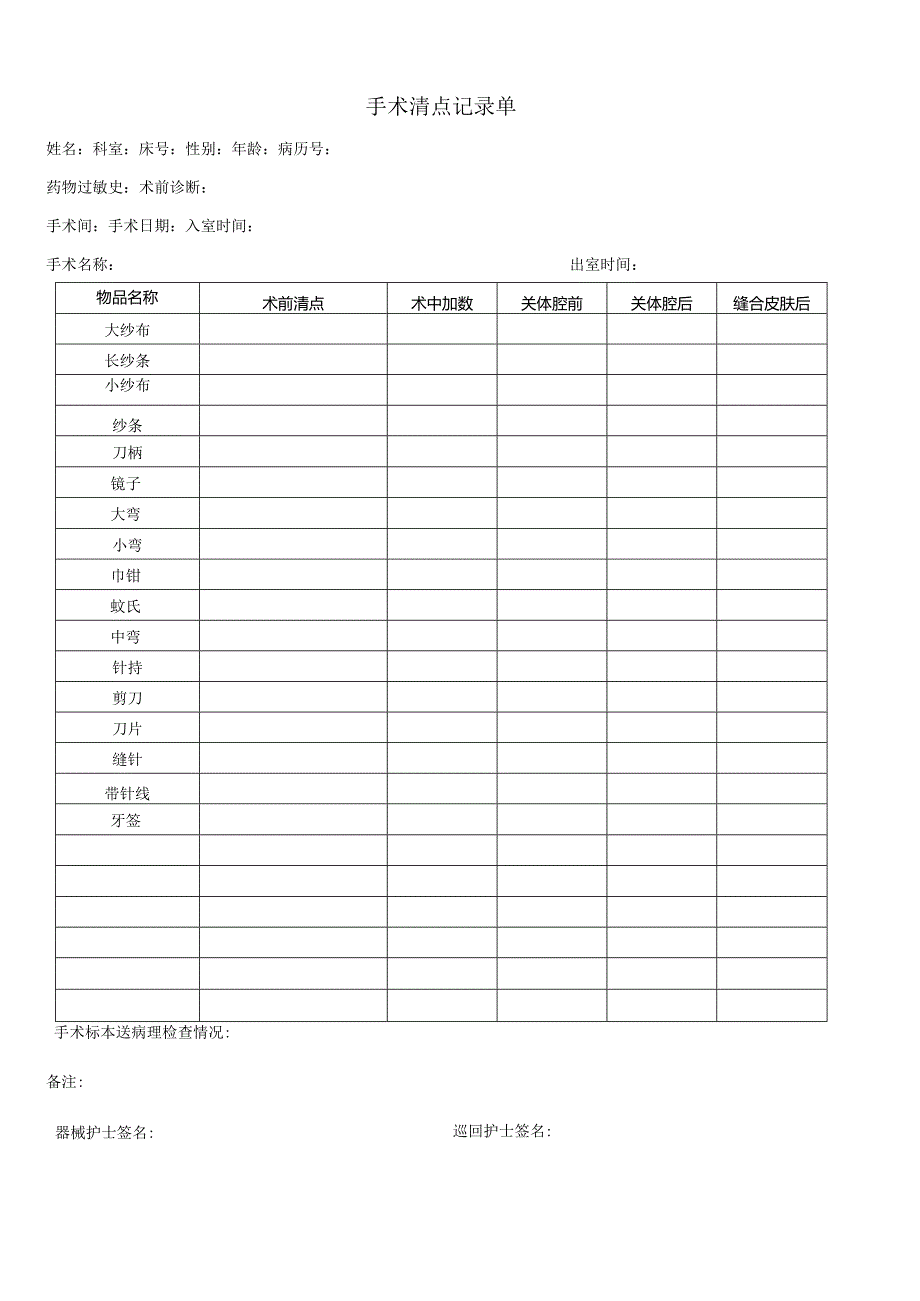 民营医疗美容机构手术清点记录单.docx_第1页