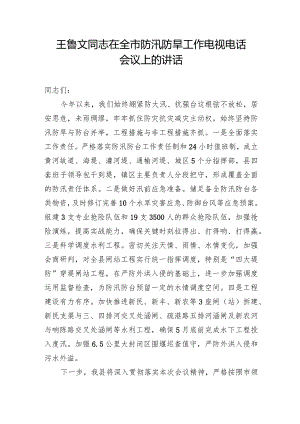 王鲁文同志在全市防汛防旱工作电视电话会议上的讲话.docx