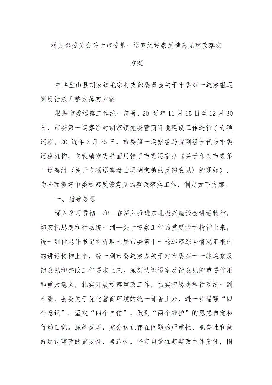 村支部委员会关于市委第一巡察组巡察反馈意见整改落实方案.docx_第1页