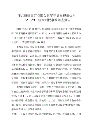 师宗恒进商贸有限公司罗平县树根田煤矿“2·29”较大顶板事故调查报告.docx