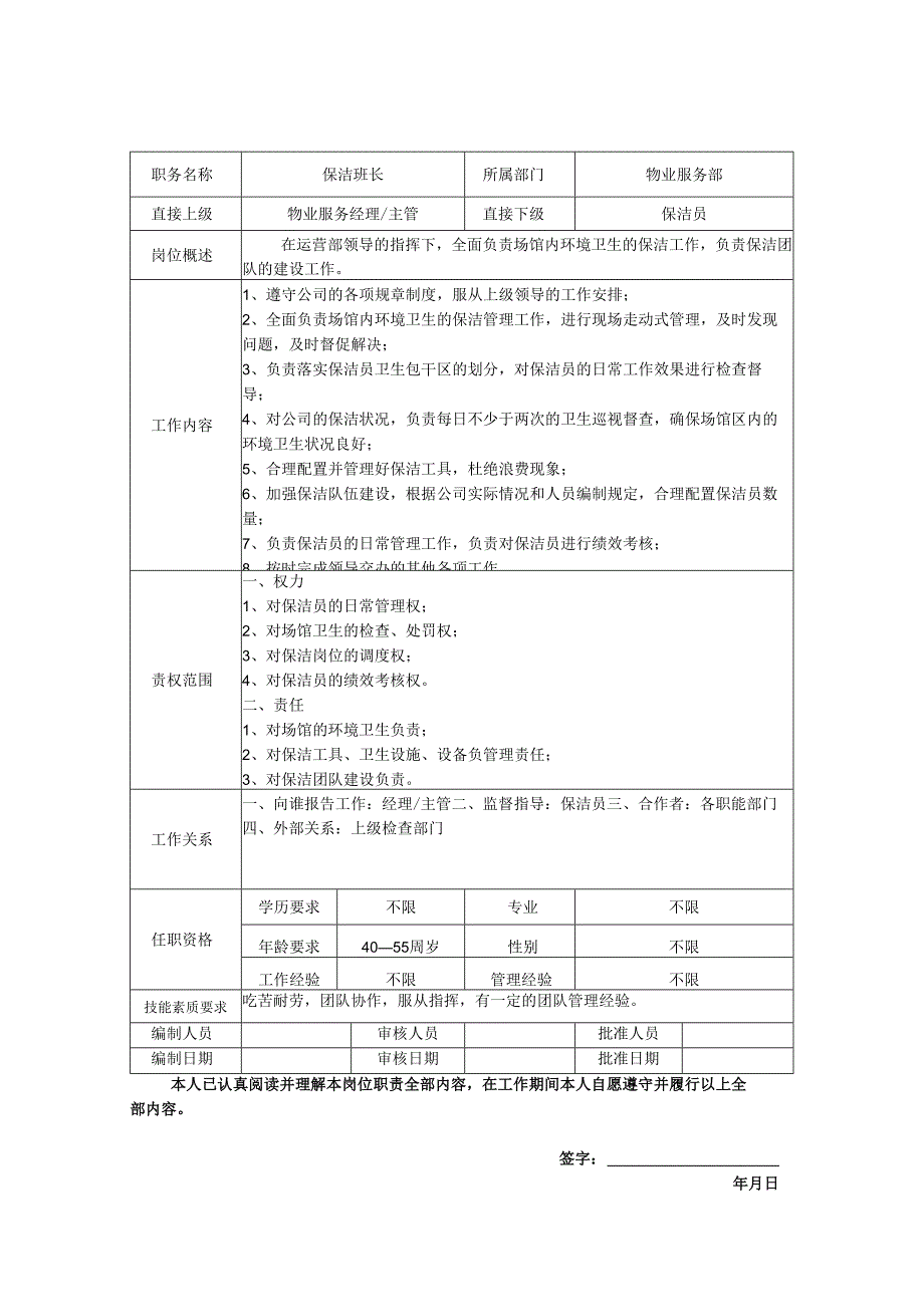 保洁班长岗位职责说明书.docx_第1页