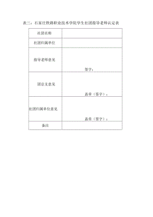 表三：石家庄铁路职业技术学院学生社团指导老师认定表.docx