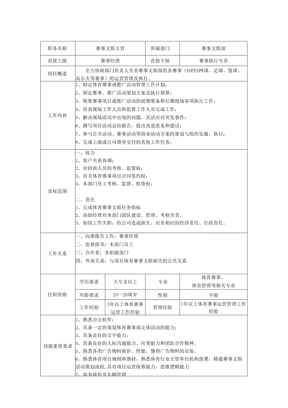 赛事文娱主管-岗位职责说明书.docx_第1页