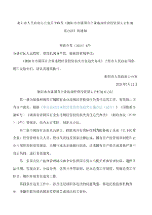 衡阳市人民政府办公室关于印发《衡阳市市属国有企业违规经营投资损失责任追究办法》的通知.docx