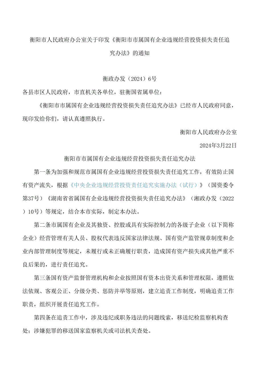 衡阳市人民政府办公室关于印发《衡阳市市属国有企业违规经营投资损失责任追究办法》的通知.docx_第1页