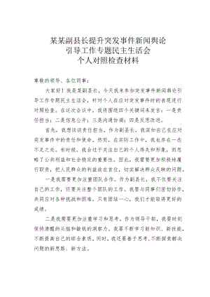 某某副县长提升突发事件新闻舆论引导工作专题民主生活会个人对照检查材料.docx