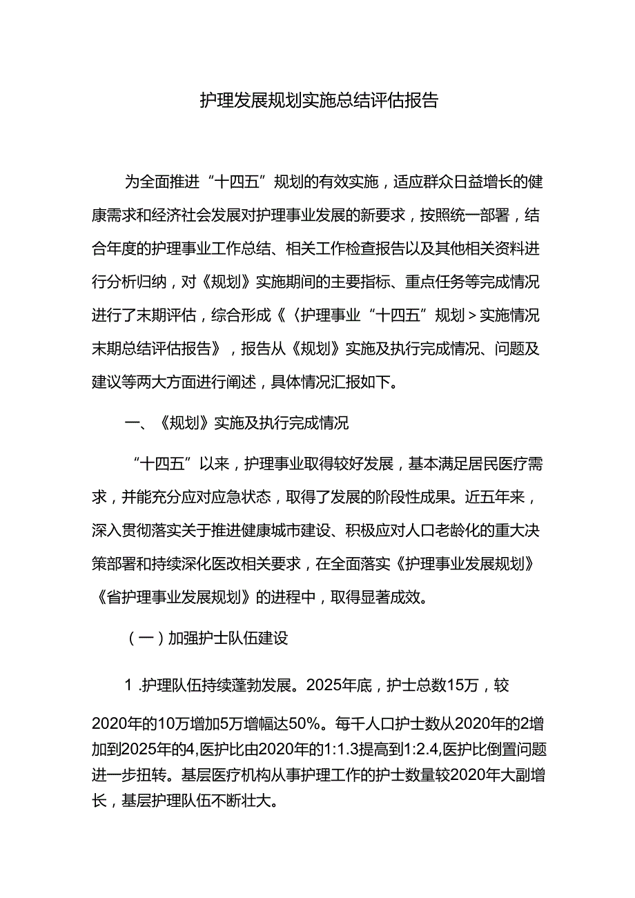 护理发展规划实施总结评估报告.docx_第1页