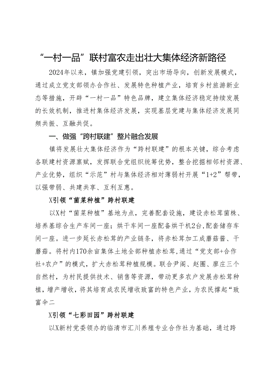 经验做法：“一村一品”联村富农 走出壮大集体经济新路径.docx_第1页