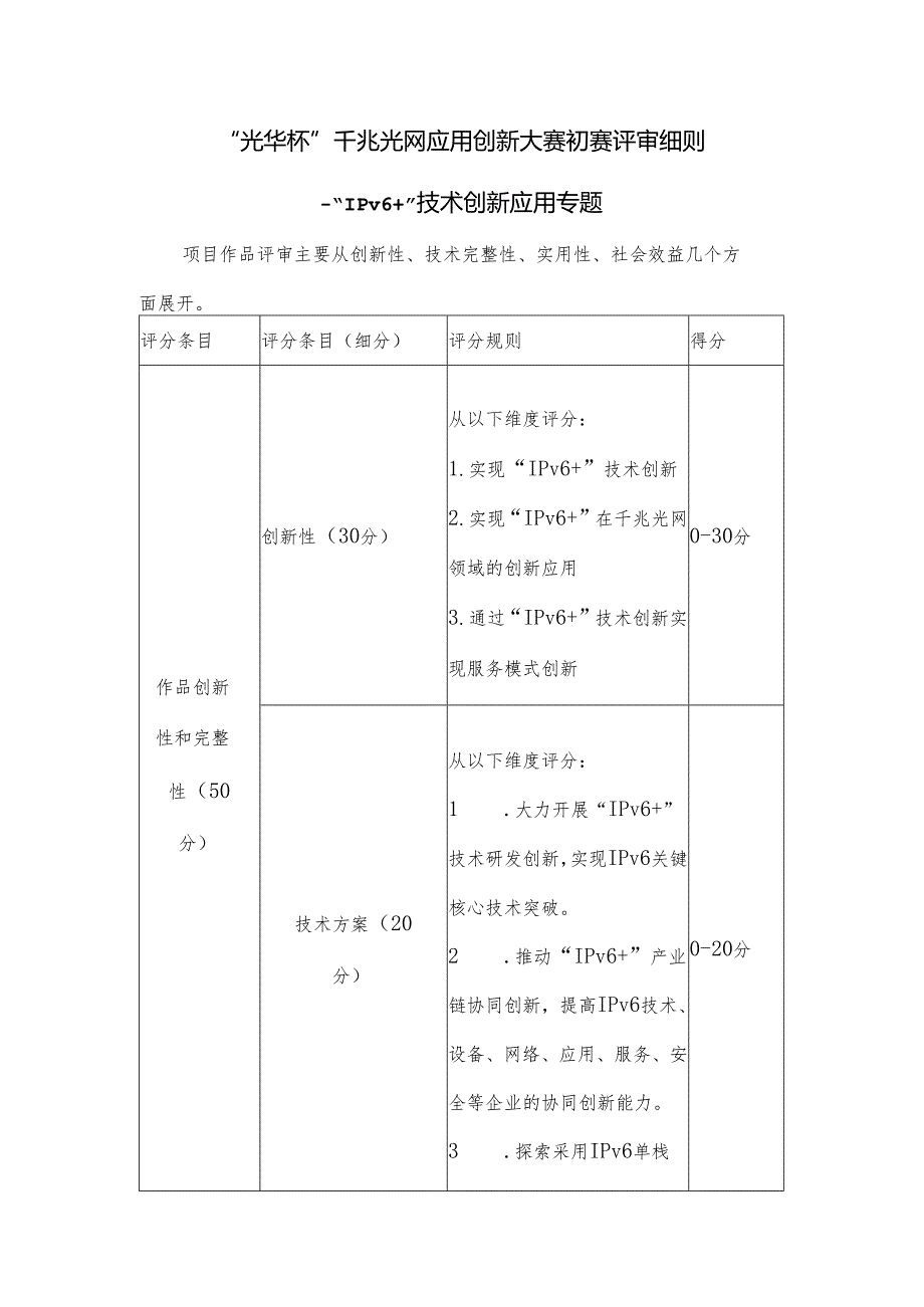 “光华杯”千兆光网应用创新大赛初赛评审细则IPv6+技术创新应用专题.docx_第1页