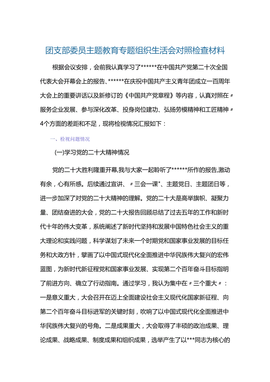 团支部委员主题教育专题组织生活会对照检查材料.docx_第1页