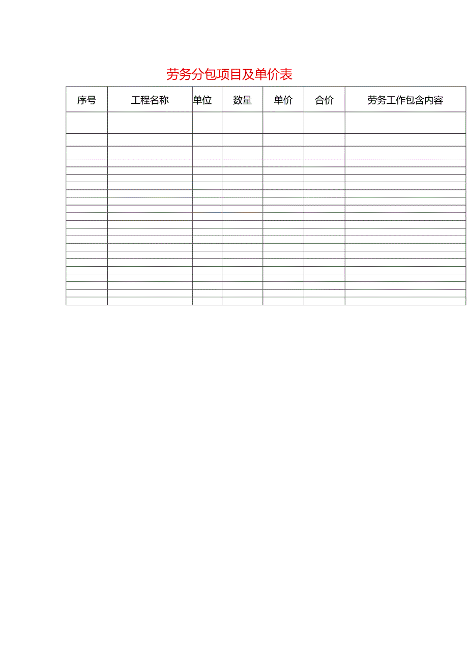 劳务分包项目及单价表模板.docx_第1页