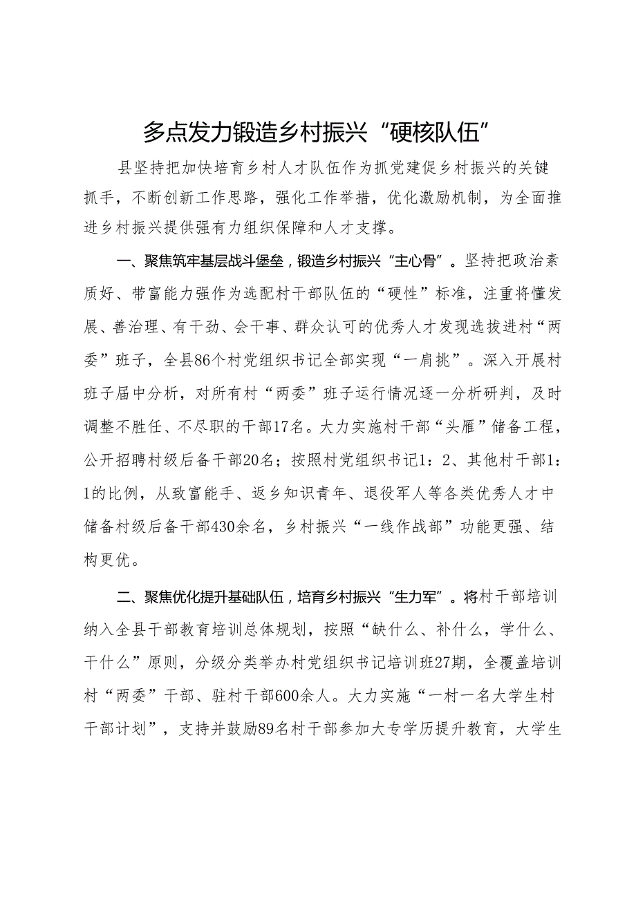 经验交流：多点发力锻造乡村振兴“硬核队伍”.docx_第1页