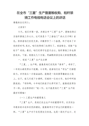 在全市“三夏”生产暨夏粮收购、秸秆禁烧工作电视电话会议上的讲话.docx