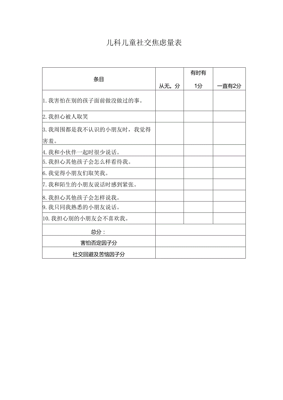 儿科儿童社交焦虑量表.docx_第1页