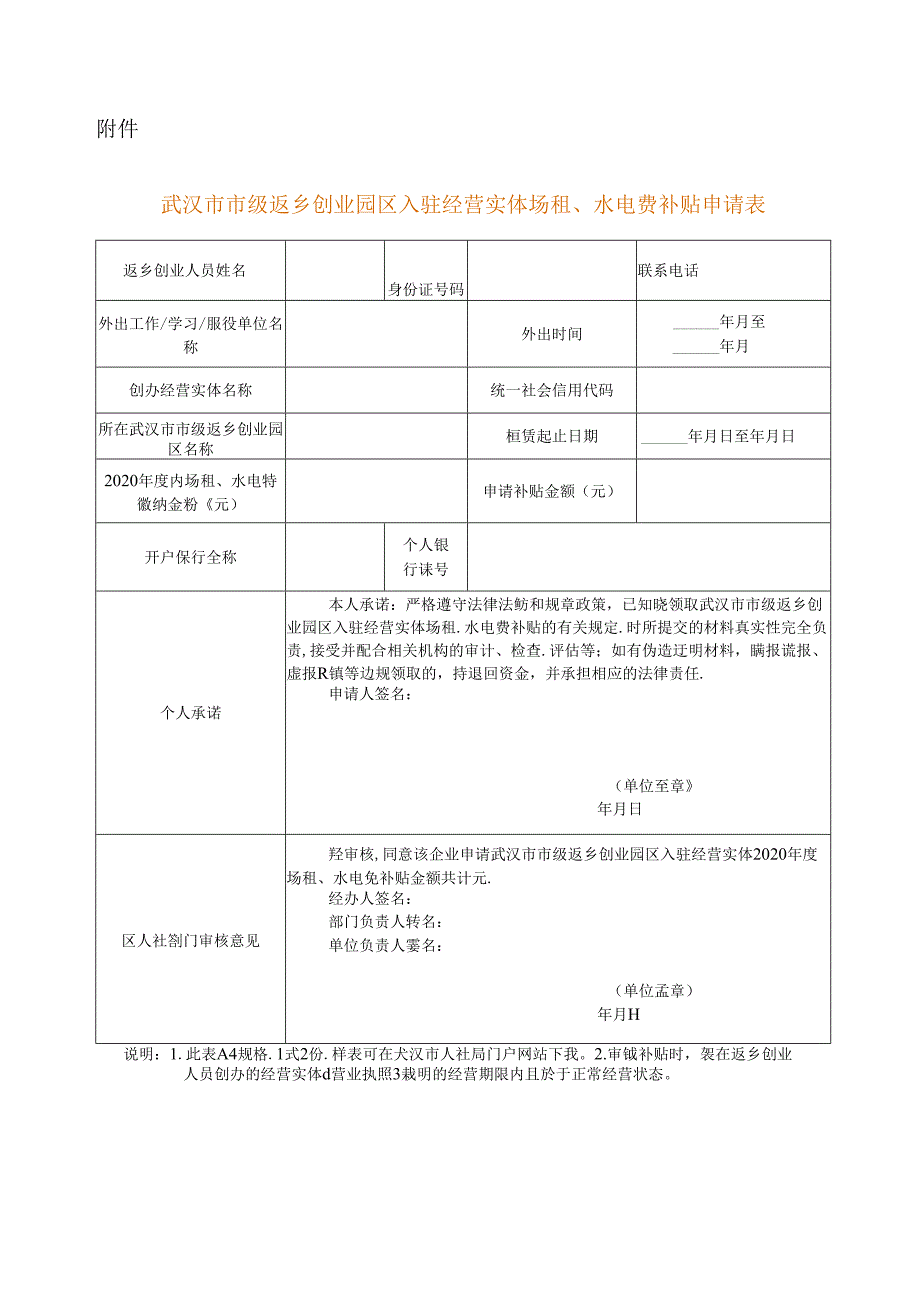 武汉市市级返乡创业园区入驻经营实体场租、水电费补贴申请表.docx_第1页