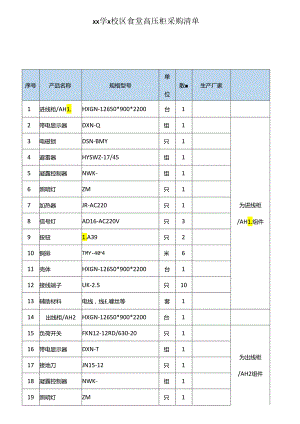 xx学x校区食堂高压柜采购清单（2024年）.docx