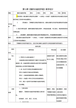 川民版劳动教育四上 第12课《编织云雀结手链》教案.docx