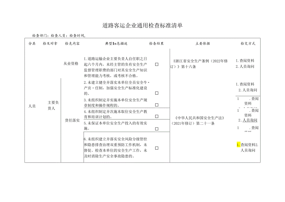 道路客运企业通用检查标准清单.docx_第1页