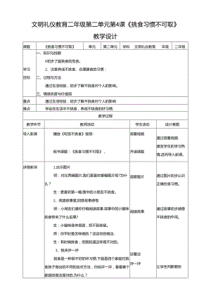 二年级文明礼仪教育第2单元第4课《挑食习惯不可取》 教案.docx
