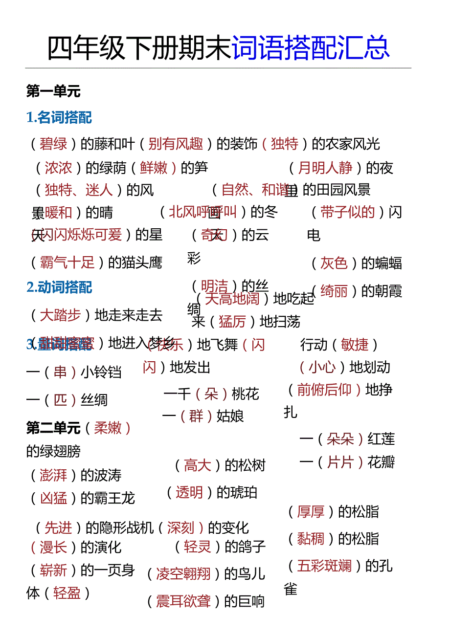 四年级下册期末词语搭配汇总.docx_第1页