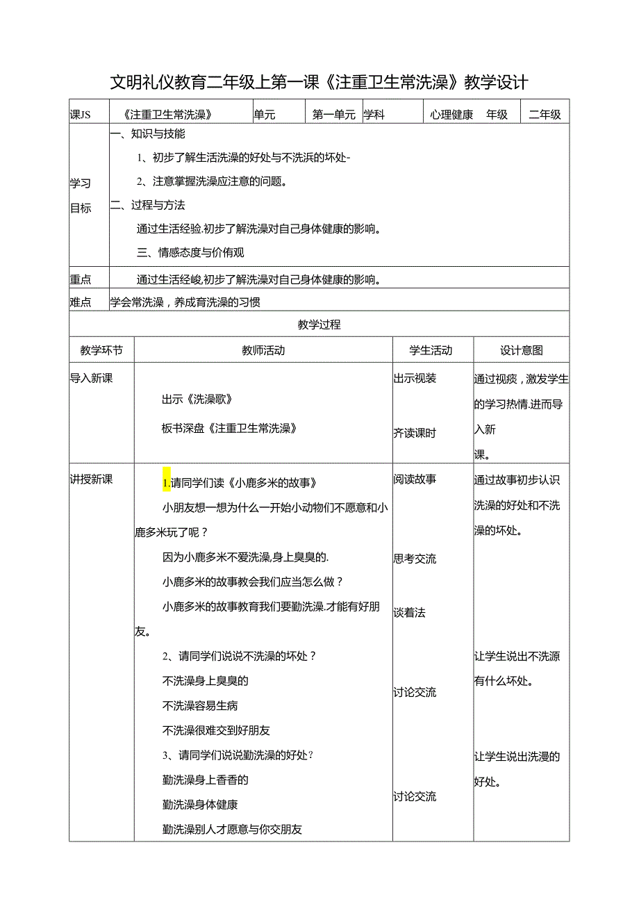 二年级文明礼仪教育第1单元第1课《注重卫生常洗澡》 教案.docx_第1页