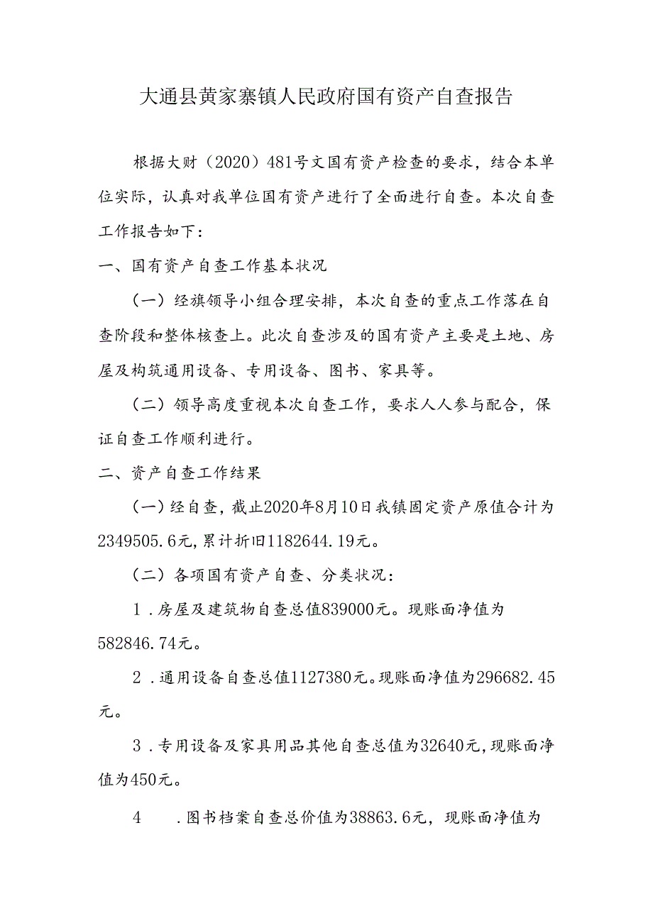 大通县黄家寨镇人民政府国有资产自查报告.docx_第1页