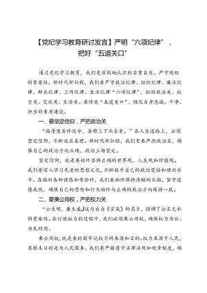 【党纪学习教育研讨发言】严明“六项纪律”把好“五道关口”.docx