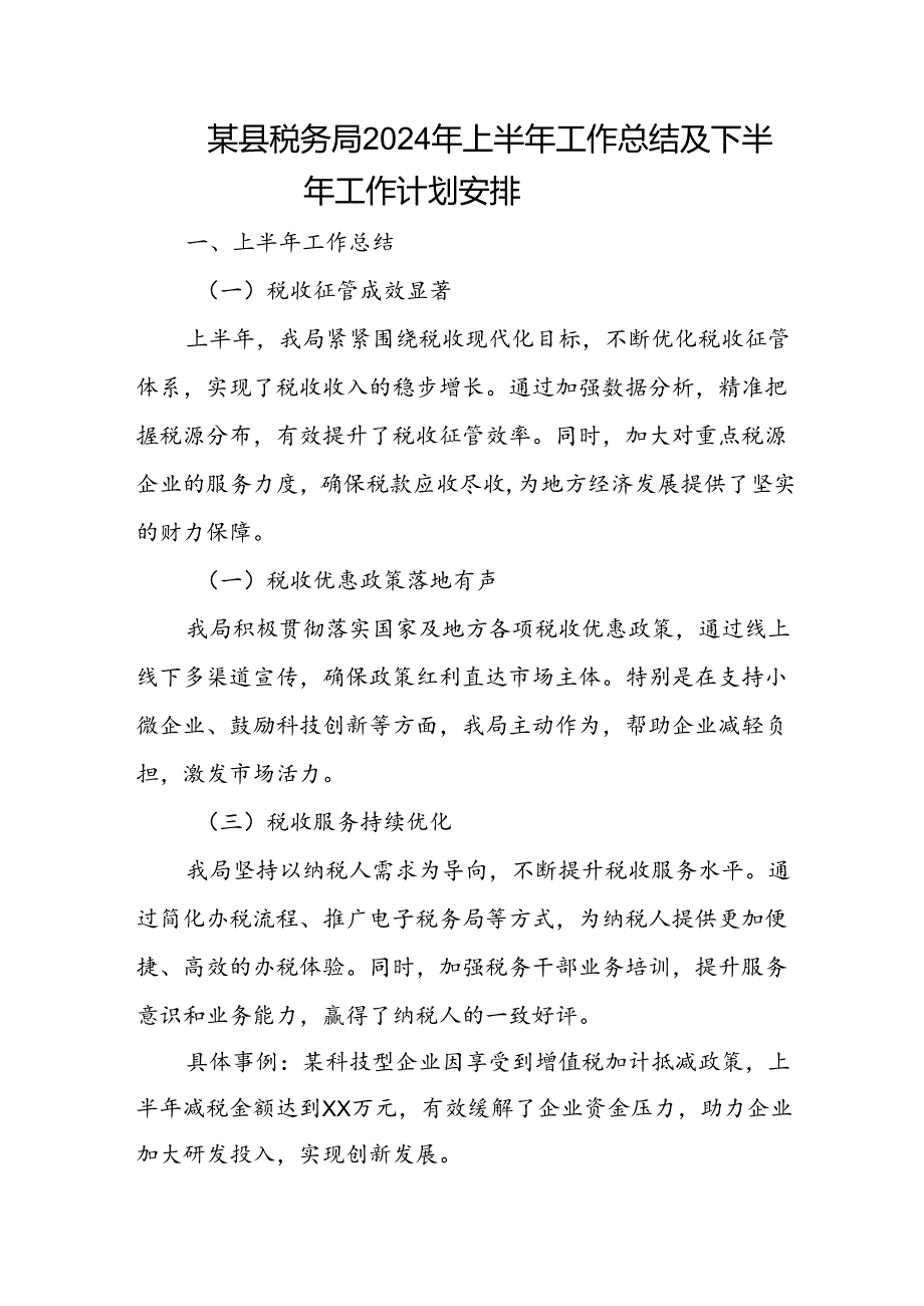 某县税务局2024年上半年工作总结及下半年工作计划安排.docx_第1页