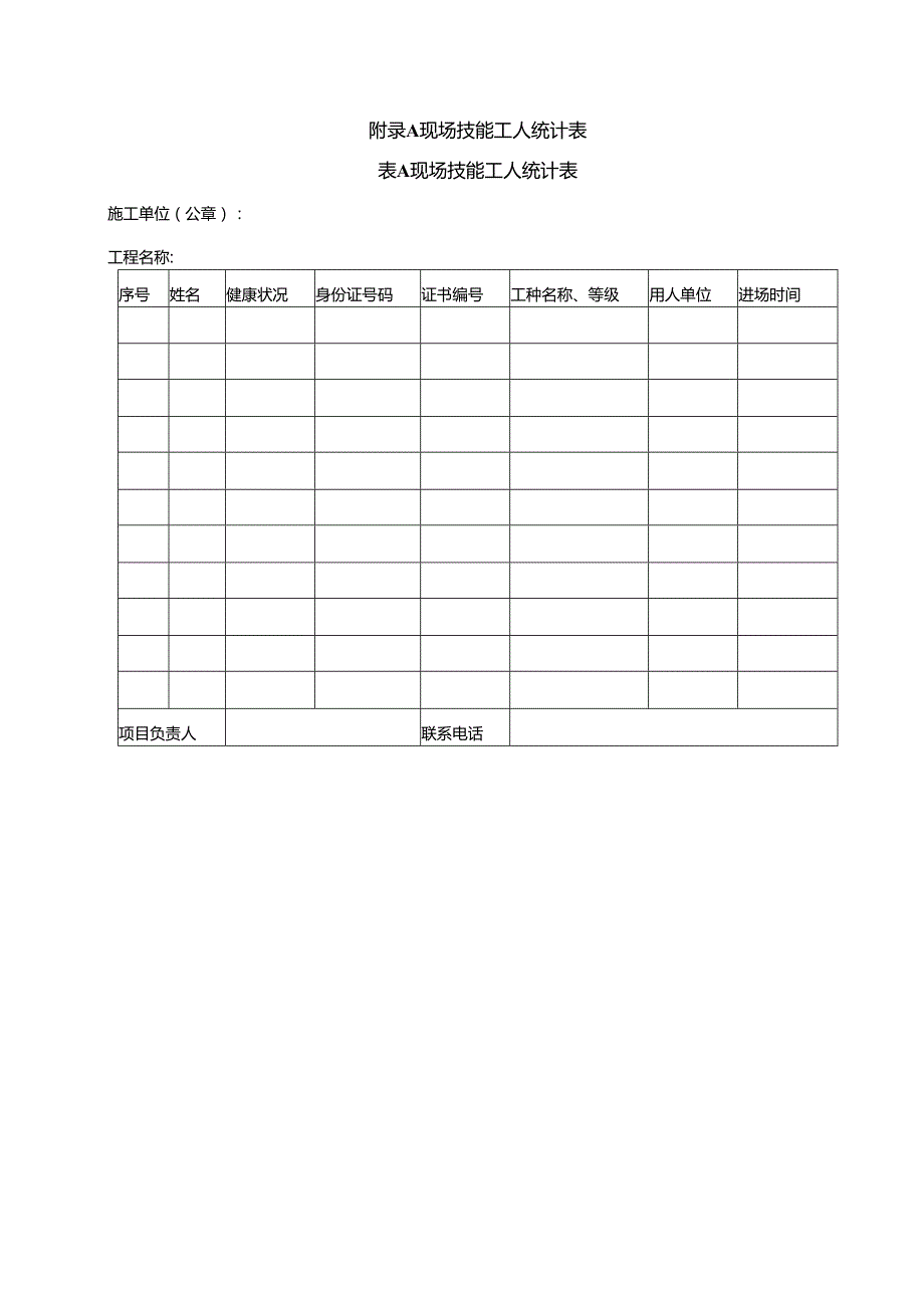 建筑施工现场技能工人统计表、配备比例、特种人员表、工种目录、数量计算、规模标准.docx_第1页