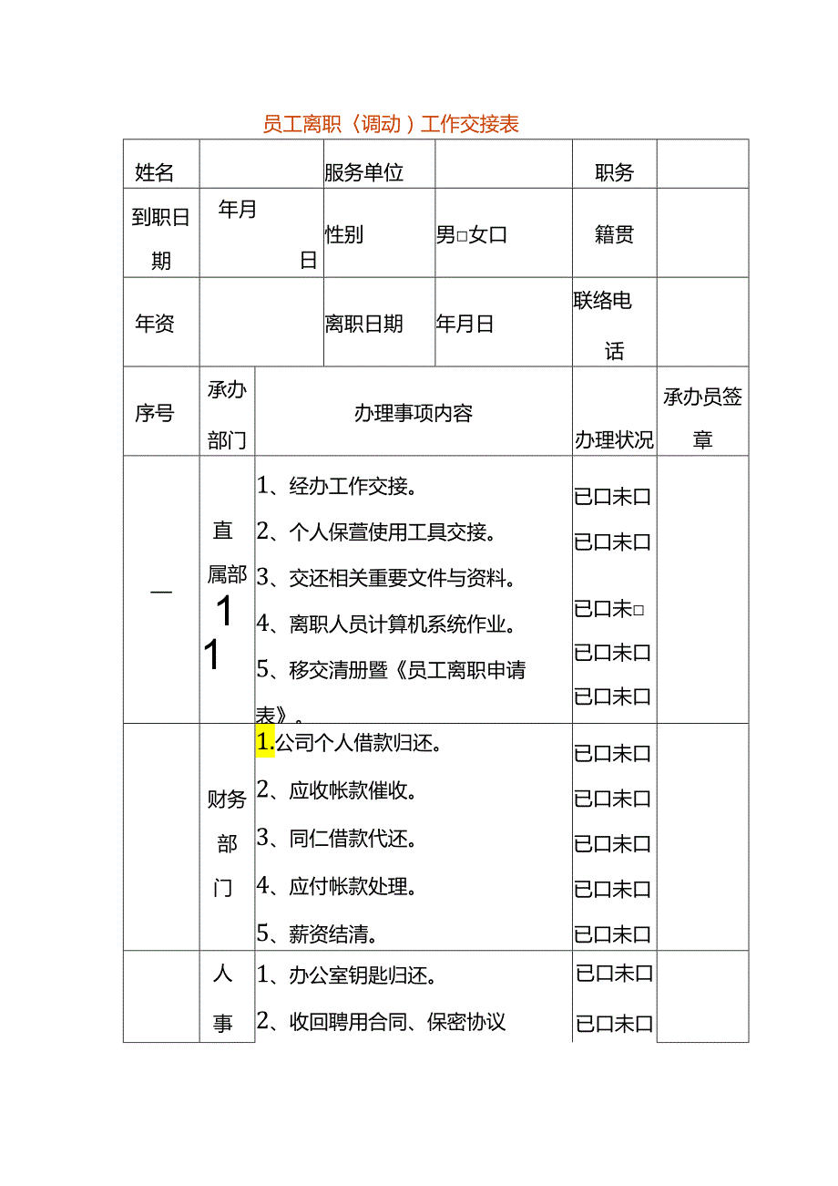 员工离职工作交接表模板.docx_第1页