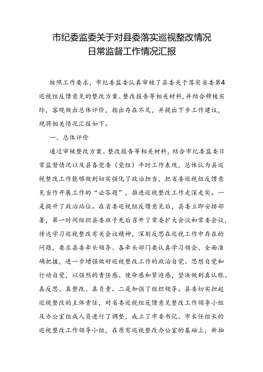 市纪委监委关于对县委落实巡视整改情况日常监督工作情况汇报和县区委书记在巡视巡核查反馈工作会议上的主持词和表态发言讲话提纲.docx_第2页