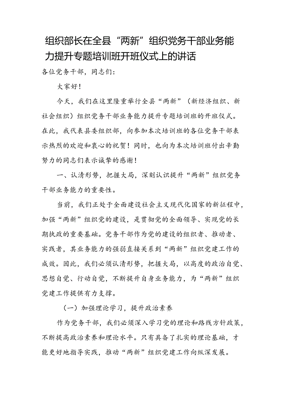 组织部长在全县“两新”组织党务干部业务能力提升专题培训班开班仪式上的讲话.docx_第1页