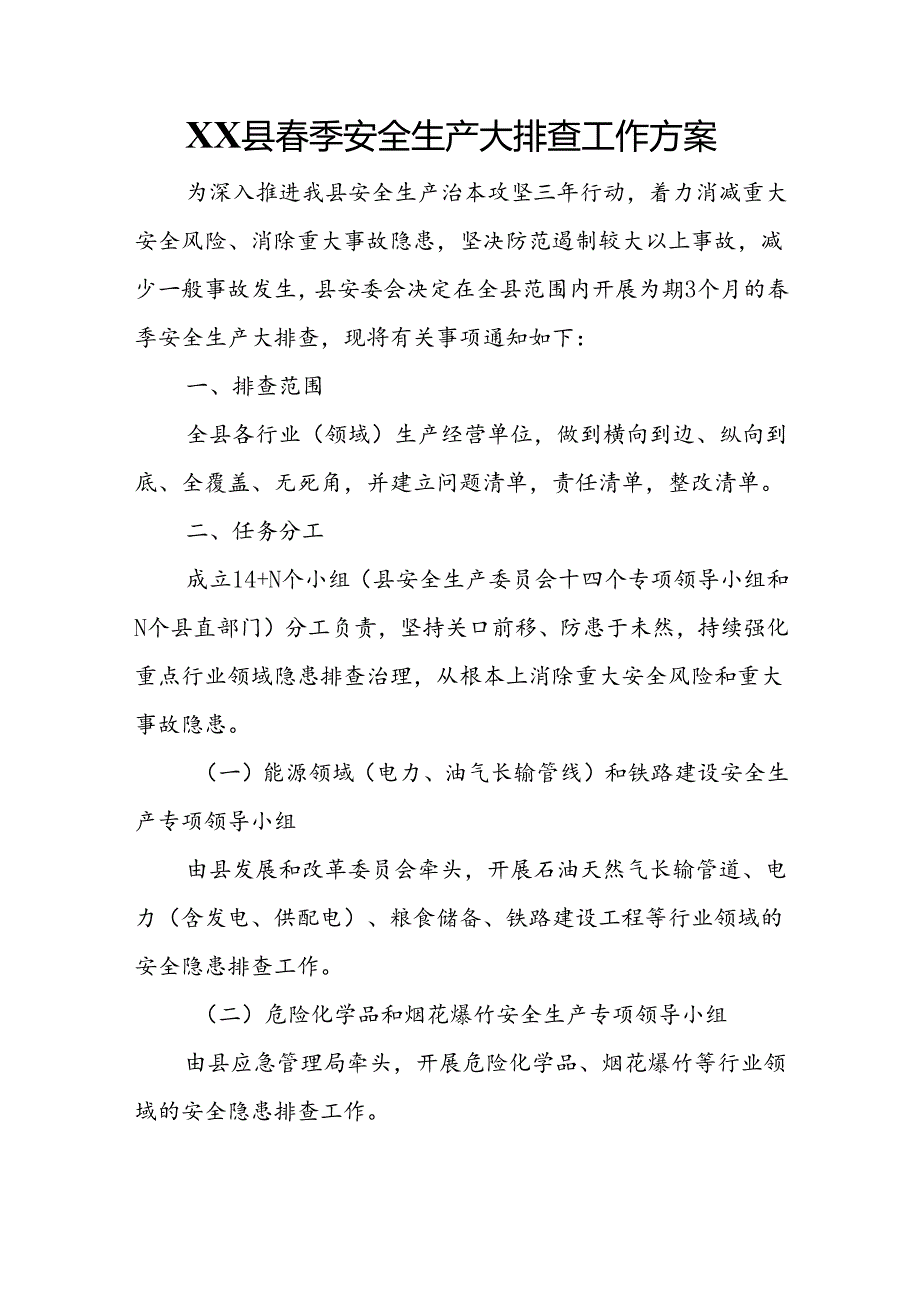XX县春季安全生产大排查工作方案.docx_第1页