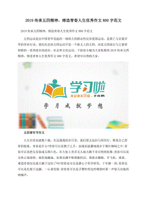 2019传承五四精神缔造青春人生优秀作文800字范文.docx