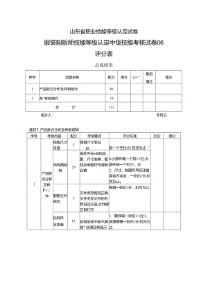 2024年山东省职业技能等级认定试卷 真题 服装制版师 中级技能考核试卷评分记录表 6.docx