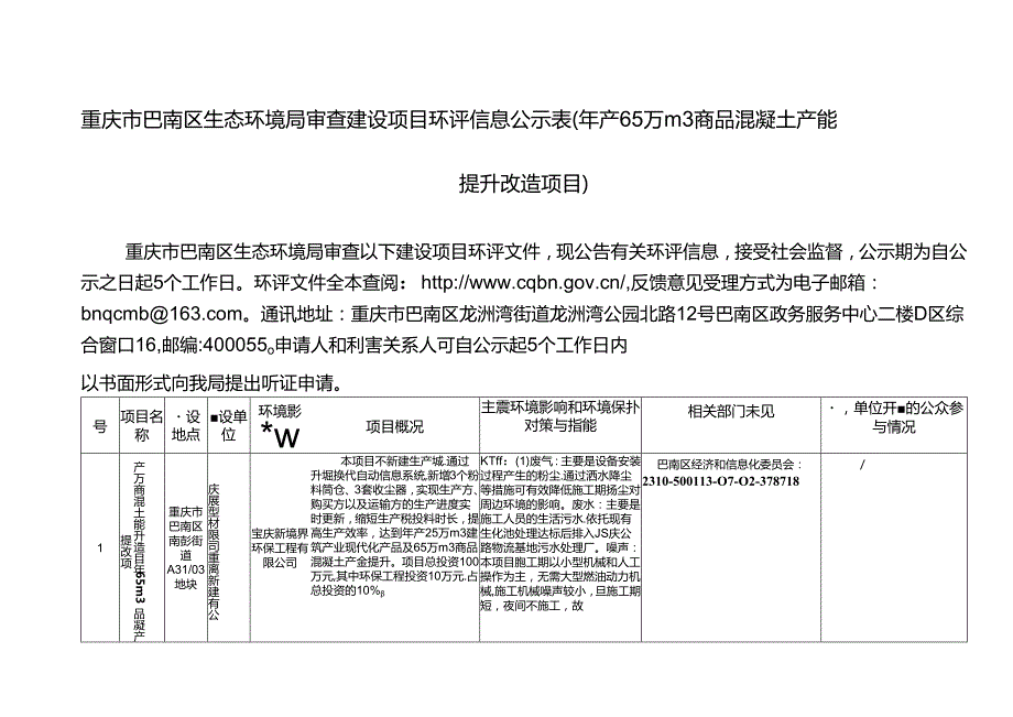 重庆市巴南区环境保护局拟审查建设项目环评信息公示表（非.docx_第1页