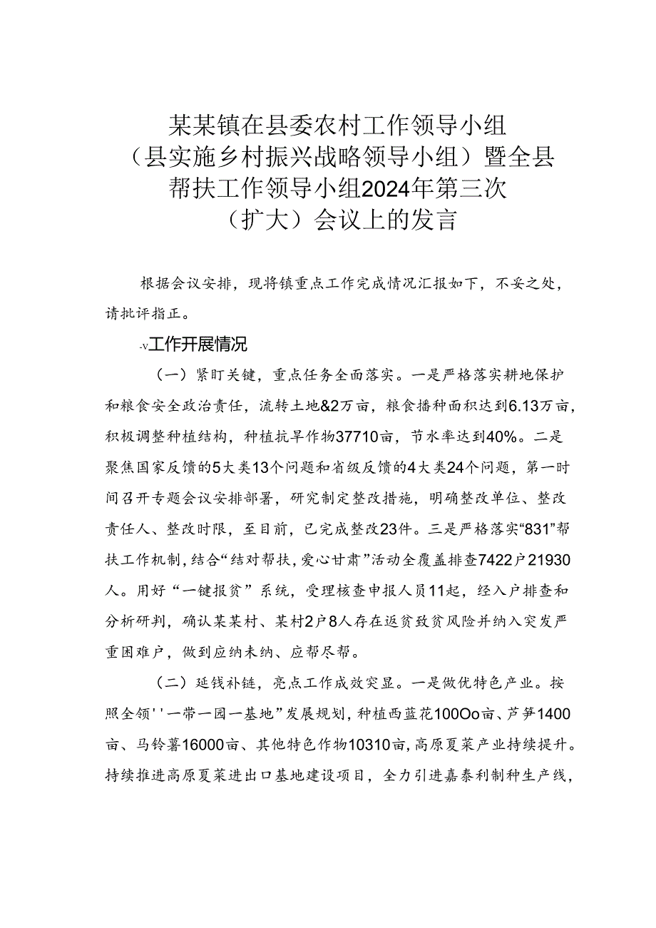 某某镇在县委农村工作领导小组（县实施乡村振兴战略领导小组）暨全县帮扶工作领导小组2024年第三次（扩大）会议上的发言.docx_第1页