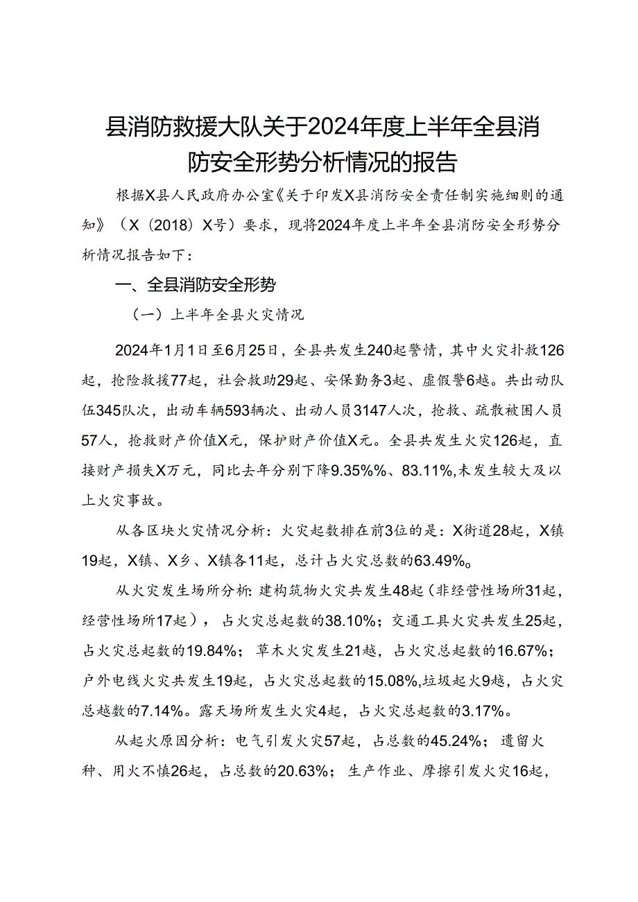 县消防救援大队关于2024年度上半年全县消防安全形势分析情况的报告.docx_第1页