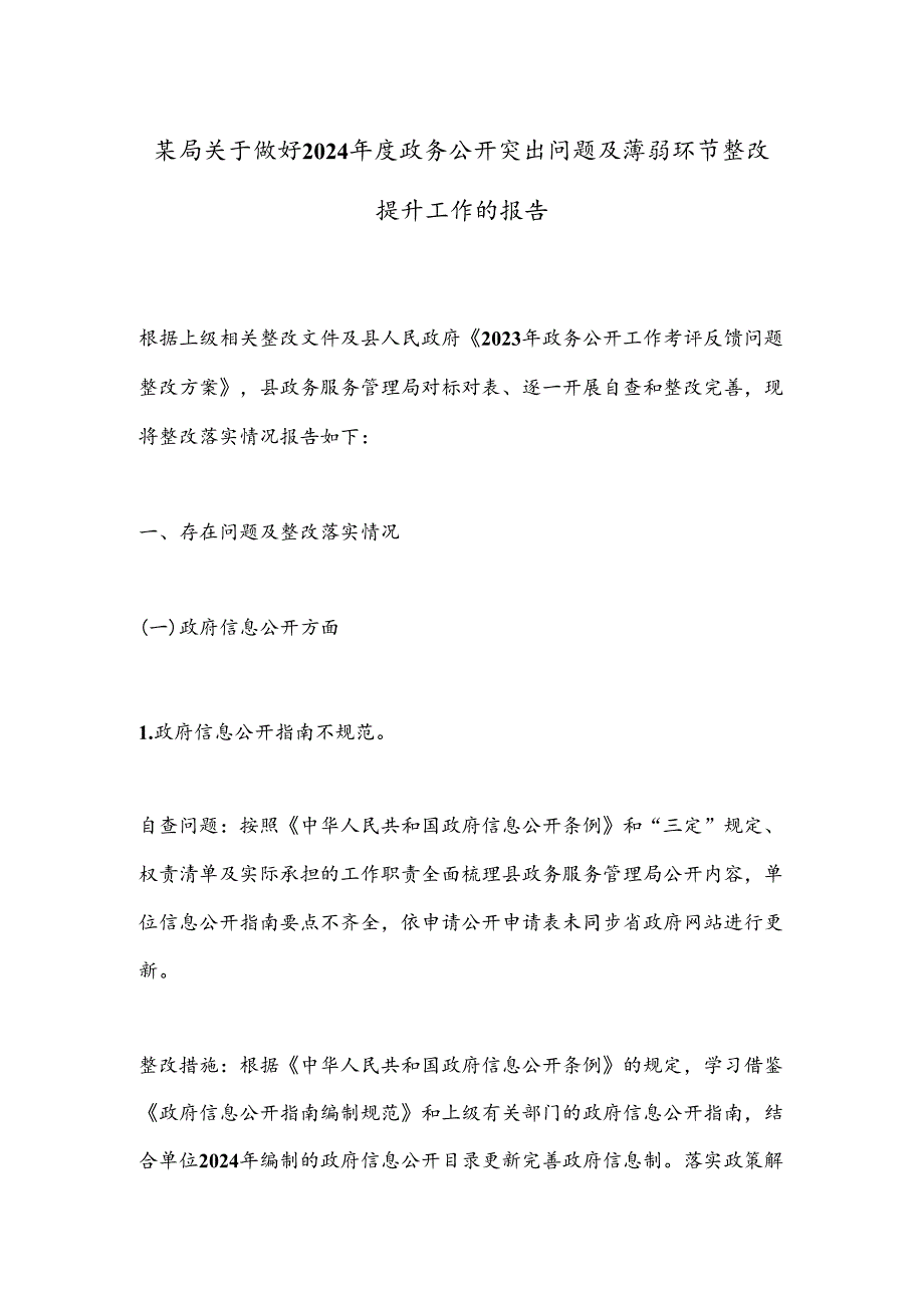 某局关于做好2024年度政务公开突出问题及薄弱环节整改提升工作的报告.docx