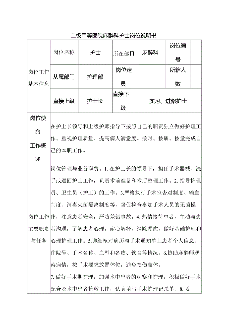 二级甲等医院麻醉科护士岗位说明书.docx_第1页