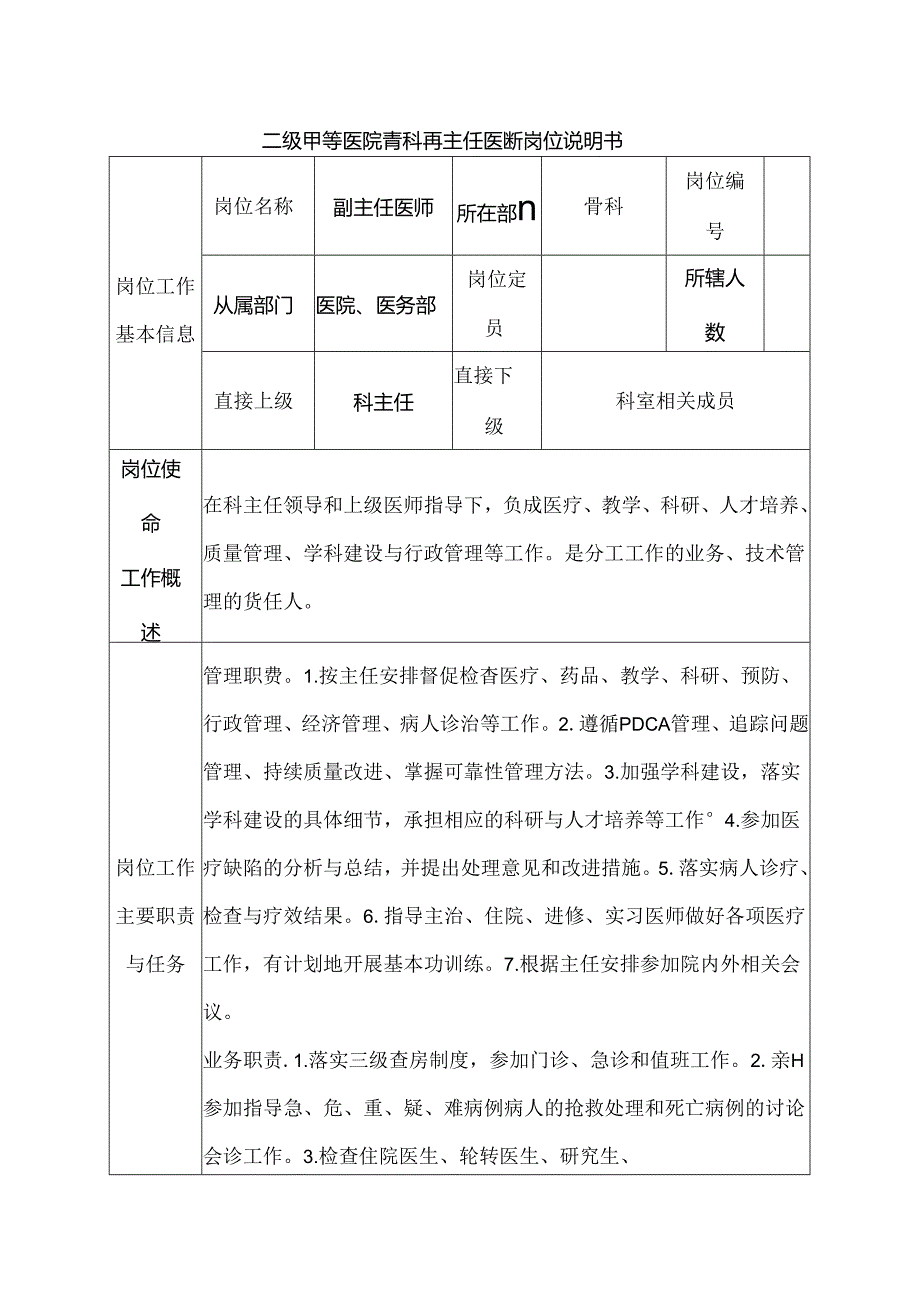 二级甲等医院骨科副主任医师岗位说明书.docx_第1页