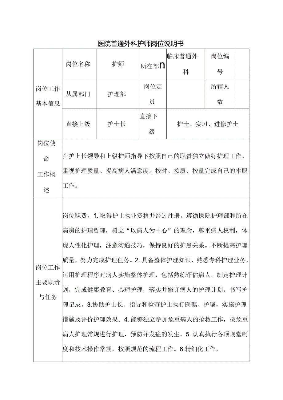 医院普通外科护师岗位说明书.docx_第1页