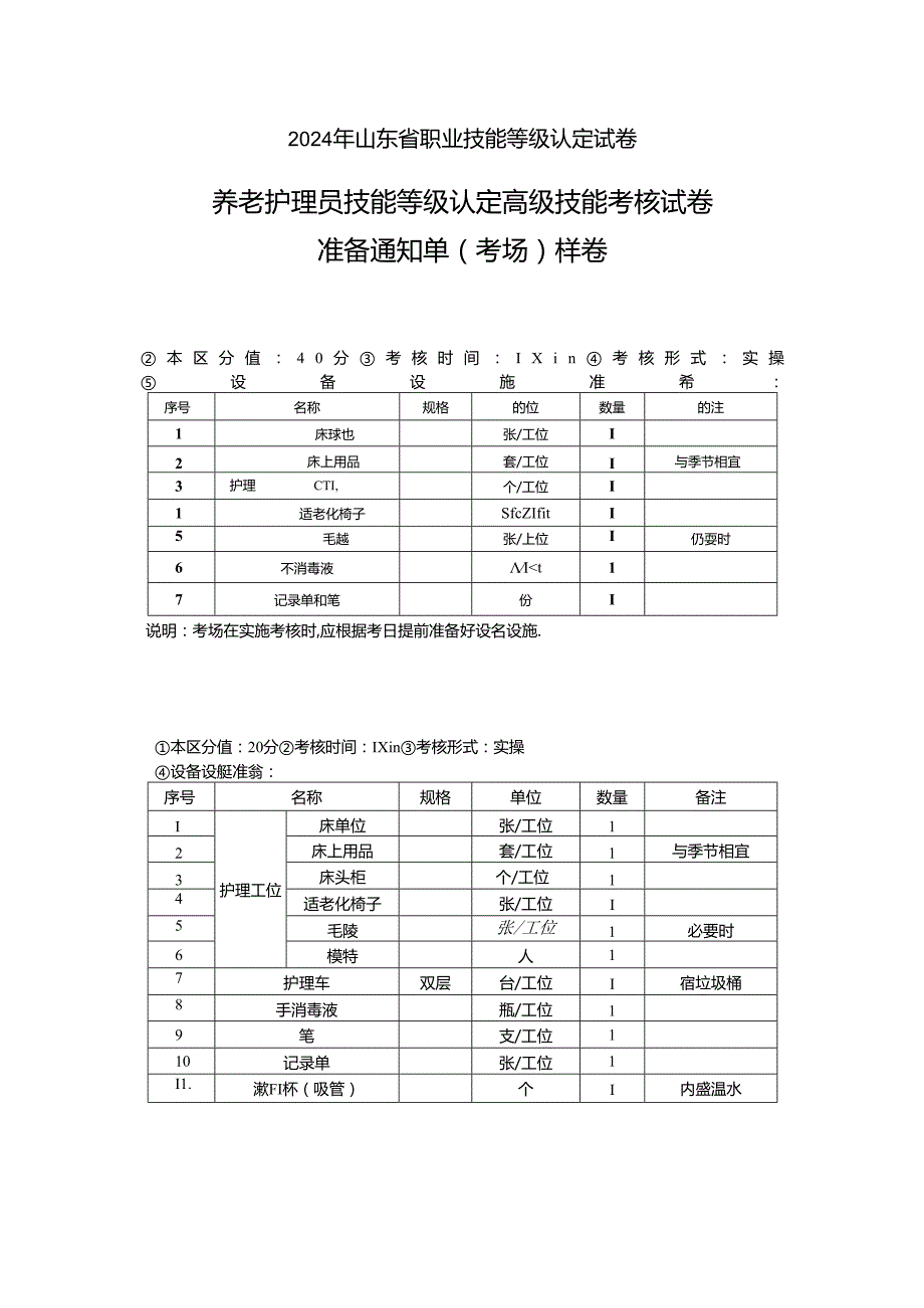 2024年山东省职业技能等级认定试卷 真题 养老护理员 高级操作技能样卷技能 6卷考场准备通知单.docx_第1页