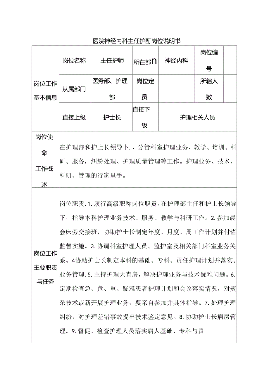 医院神经内科主任护师岗位说明书.docx_第1页