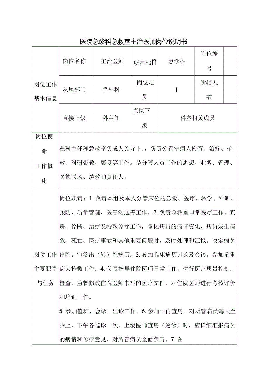 医院急诊科急救室主治医师岗位说明书.docx_第1页