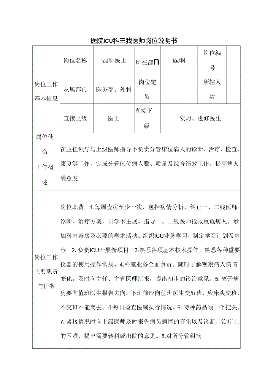 医院ICU科三线医师岗位说明书.docx_第1页